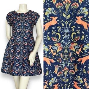 Pink Martini Dress Fox Print Blue Floral A-Line Lined Small Women‎ Cap Sleeves